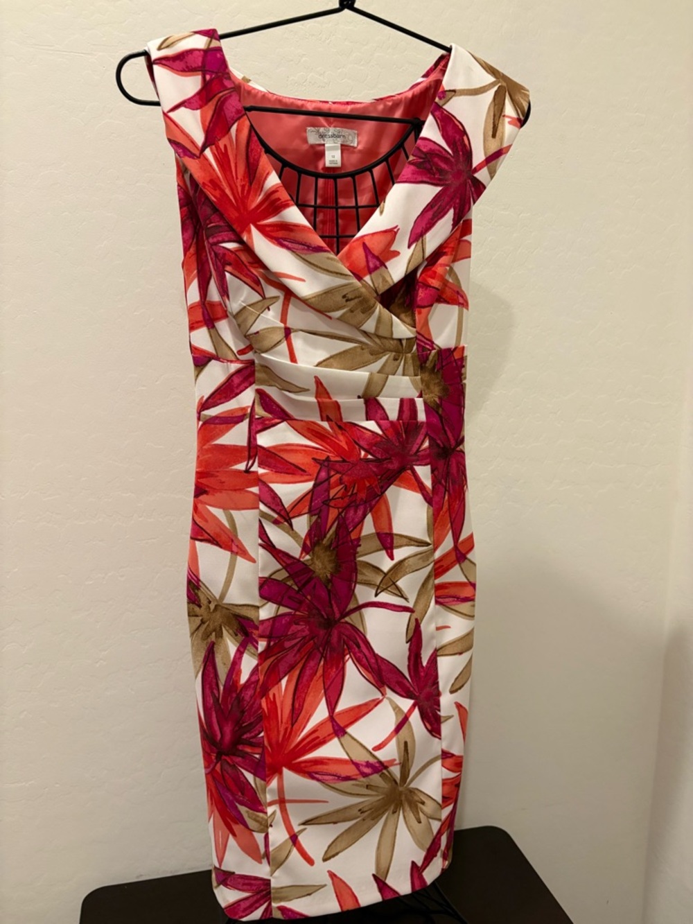dressbarn White Midi Dress with Pink, Orange & Tan Floral Print